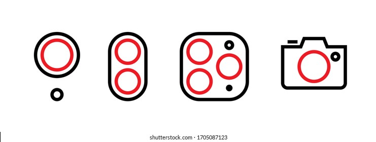 Set of one, dual, three lenses and a camera icons. Editable line vector. Digital photo lens module with different lenses for zoom, portrait, macro, vario shooting and camera. Group pictogram.