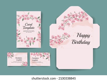 Set of one envelope and three wedding invitations with sakura flowers on pink background. Floral frames combined with watercolor paints. Elegant set of colorful templates.