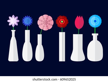 Set of one flower in vase. Vector illustration in flat style on bleu background