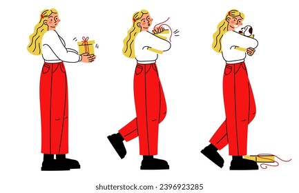 A set of one girl in different poses opens a gift. They give you a puppy. A dog as a gift for a holiday. Birthday, New Year, Christmas, Valentine's Day. A beloved pet. Isolated vector, characters