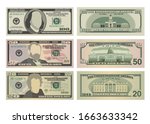 Set of one hundred dollars, fifty dollars and twenty dollar bills. 100, 50 and 20 US dollars banknotes from front and reverse side. Vector illustration of USD isolated on white background