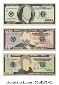 Set of one hundred dollars, fifty dollars and twenty dollar bills. 100, 50 and 20 US dollars banknotes. Vector illustration of USD isolated on white background