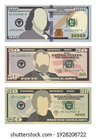 Set of one hundred dollars, fifty dollars and twenty dollar bills in new design. 100, 50 and 20 US dollars banknotes. Vector illustration of USD isolated on white background