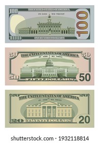 Set of one hundred dollars, fifty dollars and twenty dollar bills in new design. 100, 50 and 20 US dollars banknotes from reverse side. Vector illustration of USD isolated on white