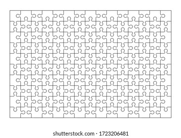 Set of one hundred fifty puzzle pieces. Puzzle with different types of details and the ability to move each part. Black and white vector illustration isolated on white background.