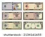 Set of One Hundred, Fifty, Twenty, Ten, Five Dollars and One Dollar bills without portraits of presidents. 100, 50, 20, 10, 5 and 1 US dollars banknotes. Template or mock up for a souvenir