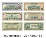 Set of One Hundred, Fifty, Twenty, Ten, Five Dollars and One Dollar bills from reverse side. 100, 50, 20, 10, 5 and 1 US dollars banknotes. Vector illustration of USD isolated on white background