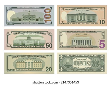 Set of One Hundred, Fifty, Twenty, Ten, Five Dollars and One Dollar bills from reverse side. 100, 50, 20, 10, 5 and 1 US dollars banknotes. Vector illustration of USD isolated on white background