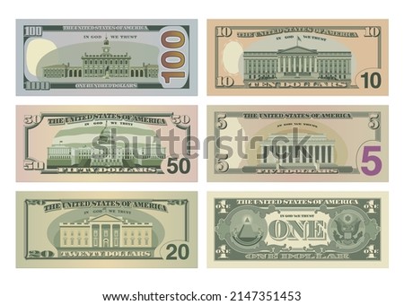 Set of One Hundred, Fifty, Twenty, Ten, Five Dollars and One Dollar bills from reverse side. 100, 50, 20, 10, 5 and 1 US dollars banknotes. Vector illustration of USD isolated on white background