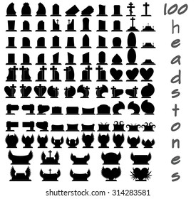set of one hundred gravestones. black gravestones for cemetery. vector funeral icons. the gravestones