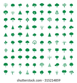 set of one hundred icon green trees Vector symbol and organic icon.