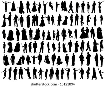 Set of One Hundred Smooth People  Silhouettes. Wedding, Travel, Tripping, Dancing, Standing, Going, Posing, Sitting. High Detail Vector Illustration. 