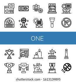 Set of one icons. Such as Binary code, Tyre, Ticket, Basketball, Solar panel, Prizes, Torch, No turn right, Trophy, Candles, Candle, Prize, Flashlight , one icons