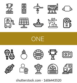 Set of one icons. Such as Trophy, Sharpener, Remote control, Solar panel, Sharpening, Candle, Raffle, Croissant, Flashlight, Maracas, Knot, Beet, Reward, Binary code , one icons