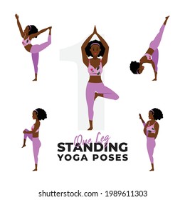 set of one leg standing yoga poses, young girl practicing standing yoga poses