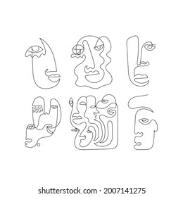 Set one line abstract faces in minimalistic graphic style. 