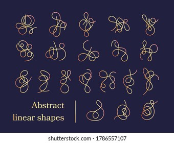 Set of one line abstract shapes. Simple isolated scribbles in modern style. Linear scrawls, tangled threads or chaos clews. Doodle loops for highlight, cover, layouts of story or banner, tattoo