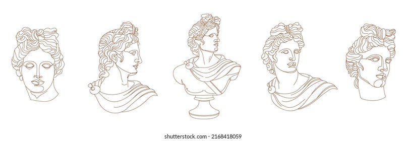 Set of one line Ancient Greek god statue. Apollo classical mythological sculptures in different poses. Vector art for design of posters, clothes, logo, invitations on white background.