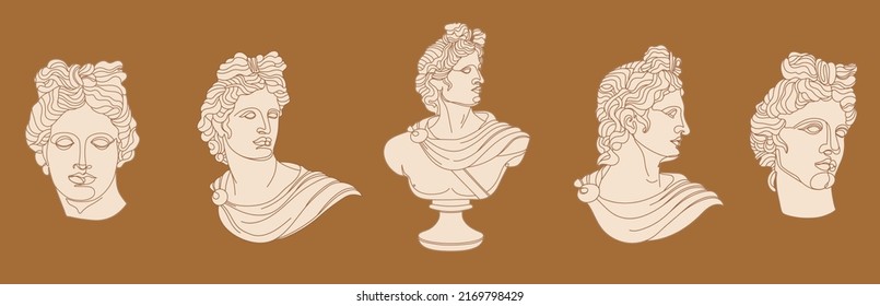 Set of one line Ancient Greek god statue. Apollo classical mythological sculptures in different poses. Vector art for design of posters, clothes, logo, invitations on mustard color background.