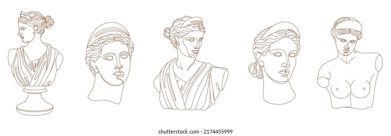 Set of one line Ancient Greek goddess statue. Artemis classical mythological sculptures in different poses. Vector art for design of posters, clothes, logo, invitations on white color background.