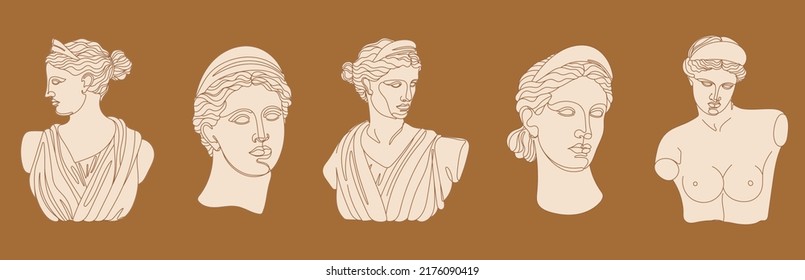 Set of one line Ancient Greek goddess statue. Artemis classical mythological sculptures in different poses. Vector art for design of posters, clothes, logo, invitations on mustard color background.