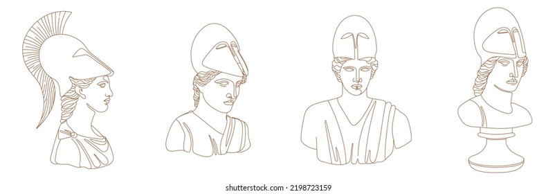 Set of one line Ancient Greek goddess statue. Athena classical mythological sculptures in different poses. Vector art for design of posters, clothes, logo, invitations on white color background.