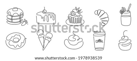 Set of Сontinuous one line art cafe elements. Linear style and Hand drawn logo. Cafe and bakery concept. 