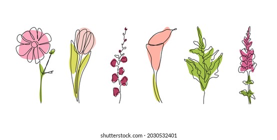 Set of one line art flowers. Vector monoline branch, gerbera, leaf, tulip, calla. Isolated on white background. Doodle floral concept. Print, textile, fashion, accessories, media, postcard, package.