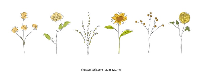 Set of one line art flowers. Vector monoline yellow branch, rose, sunflower. Isolated on white background. Doodle floral concept. Print, textile, fashion, accessories, media, postcard, package.