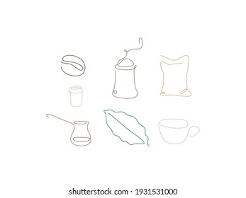 Equipo de café de una línea de arte. Resumen de comida creativa en diseño minimalista. Ilustración vectorial dibujada a mano.