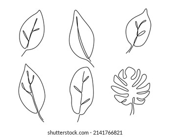 set of one line continuous drawing tropical leaf. Summer botanical leaf