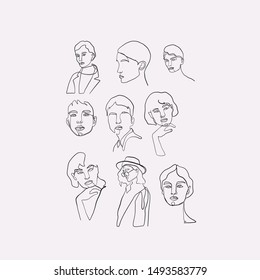 Set one line continuous woman portrait. 