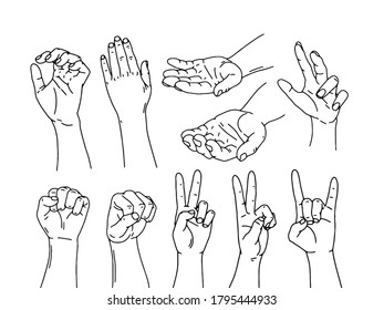 Set of one line contour vector hands. Concept of rock, symbol v. Line drawing of fist hand symbol of freedom and rebellion. 