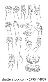Set of one line contour vector hands. Concept of rock, symbol v. Line drawing of fist hand symbol of freedom and rebellion. 