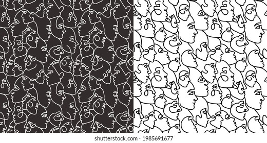 Set Of One Line Drawing Abstract Face Seamless Patterns. Modern Minimalism Aesthetic Profile Contour Art. Continuous Line Background With Women's And Men's Faces. Vector Linear Illustration Pack