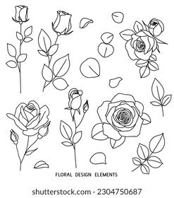 Set of one line drawing. Decorative rose with bud and petal. Hand drawn floral elements for tattoo or sticker design. Vector stock illustration.	