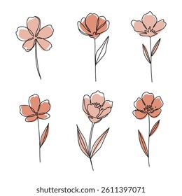 Set of one line drawing flowers. Minimalist prints set. Abstract hand drawn one line flowers. Vector illustration