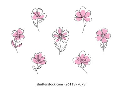 Set of one line drawing flowers. Minimalist prints set. Abstract hand drawn one line flowers. Vector illustration