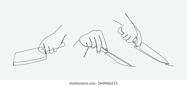 set of one line drawing of hands holding different knives. Editable line. Vector illustration
