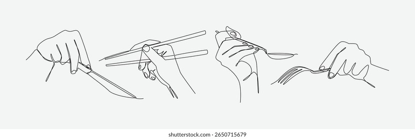 set of one line drawing of hands holding cutlery. Spoon, fork, chopsticks and table knife. Editable line. Vector illustration