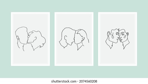 set one line drawing of kissing couples, poster design for