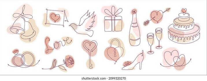 Set one line drawing romantic elements  Bells wedding rings invitation rose dove love key gift padlock bottle wedding shoe cake heart wine glass heart and arrow color stains  Line art style