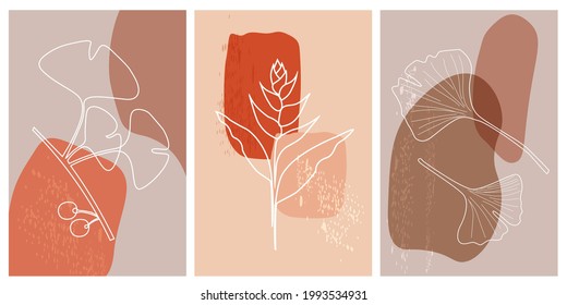 Set of one line drawing vector leaves. The flower of tropical heliconia, ginkgo biloba. Modern one-line art, aesthetic outline. Home decor, posters, wall art, bag or printed T-shirt, sticker.