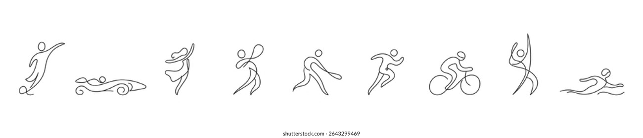 Set of one line  drawings of people doing sports and dance. Minimalist continuous line style showing motion: running, swimming, cycling, jumping, dancing