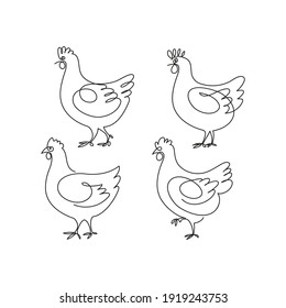 Set of one line drawn chicken. Abstraction, minimalism, simplicity, continuous line. Vector illustration, symbol, sign, emblem, design element, logo for packaging, labels