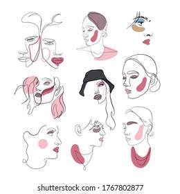Set of one line drawn woman portraits. Continuous linear silhouette of female face. Outline hand drawn of avatars girls. Linear glamour logo in minimal style for beauty salon, makeup artist, stylist. 