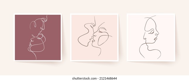 Set of one line faces, couple man and woman. Valentine's day minimalistic vector illustration. Modern single line art.