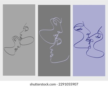 Set of one line faces, couple man and woman. Valentine's day minimalistic vector illustration. Modern single line art.