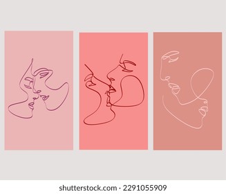 Set of one line faces, couple man and woman. Valentine's day minimalistic vector illustration. Modern single line art.