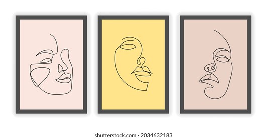 Set with one line female faces on colorful background. Outline woman portrait in profile with geometric shapes and floral elements in a minimalist style. Flat cartoon vector illustration